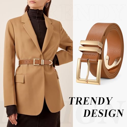 SUOSDEY Plus Size Women's Leather Belts for Jeans Pants Dress Fashion Women Waist Belt with Gold Buckle - color: Brown, size: Fit waist size 26''-33''