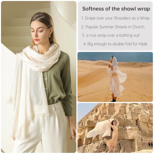Harewom Lightweight Gauze Linen Feeling Shawl Wraps for Women Beach Summer Scarf for Evening Wedding Dresses - color: Shawl Wraps - Creamy-white