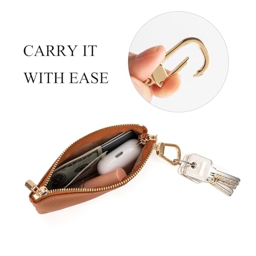Full Grain Leather Coin Purse with Key Chain - Small Change Purse Keychain Card Holder Keychain Pouch Small Keychain Wallet for Women and Men (Brown, Large Size) - color: Brown, Large Size