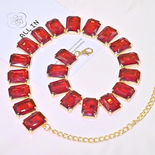 Fashionable Chunky Plated Tennis Rhinestone Statement Necklace Jewelry Set for Women Multicolor gem necklace with Great Sparkle and Shine Design for Women to Easy Match - color: red square rhinestone