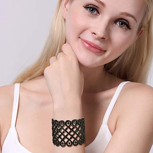 EVER FAITH Art Deco Love Knot Wide Stretch Bridal Bracelet Austrian Crystal - color: Jet Color Black-Tone
