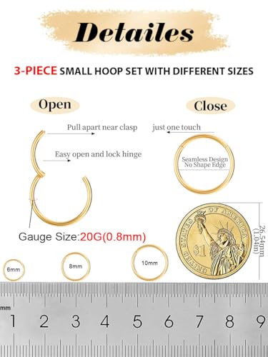 Opal Nose Ring Studs Horseshoe Nose Rings Hoops Stud 316L Stainless Steel Nose Rings Round CZ Square Screw L Shaped Nose Stud Hypoallergenic Nostril Piercing Jewelry for Women Men - color: Gold/3Pcs/G23 Titanium/20G/6-8-10mm