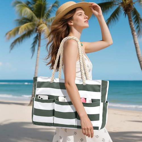 Becokan Beach Bags for Women Canvas Large Beach Tote Bag Zipper Waterproof Sandproof Foldable Swim Pool Bag with 7 Pockets - color: Army Green
