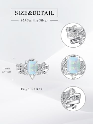 Natural Moss Agate Ring for Women 925 Sterling Silver Pear/Oval/Kite/Heart/Hexagon/Emerald/Coffin Cut Green Leaf Moss Agate Engagement Ring Promise Bridal Set Anniversary Birthday Jewelry Gifts - color: Emerald Cut Opal