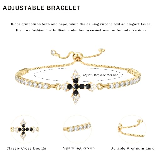 VIBILIA Bracelets for Women, Cross Bracelets for Women Trendy, Dainty Tennis Bracelet, Catholic Gift for Mom Daughter Wife Sister Friend, Communion Gift on Birthday Valentine's Day Easter Mother's Day - color: K. Gold-Black