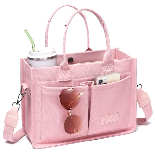 ZHMO Canvas Tote Bag for Women,Women's Bags Crossbody Bags Work Laptop Tote Bag Large Handbags Purse for Travel Nurse Teacher - color: Pink With Compartments