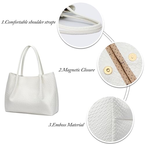 KKXIU Tote Bag for Women Vegan Leather Shoulder Purse Large Capacity Travel Bag - color: White02