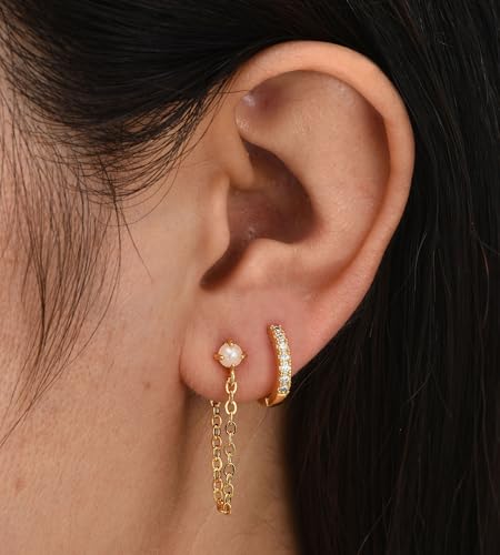 6 Pairs 14K Gold Plated Stud Earrings for Women, Hypoallergenic Cartilage Earrings for Multiple Piercing, Dainty Small Stackable Earrings Set for Jewelry Gift - color: Gold-4 Pairs Chain