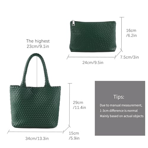 Hand Woven Bag Tote BagS For Women Top Handle Shoulder Vegan Leather Large Travel Beach Hobo Handbag - color: Dark Green