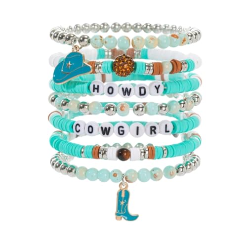 Fuqimanman2020 Boho Western Cowgirl Howdy Stackable Beaded Bracelet Set for Women Western Country Hat Boot Charms Polymer Clay Beads Bracelets Country Concert Rodeo Jewelry Gift - color: Style 1 Blue