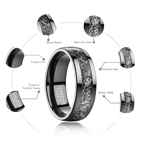 Vakki Personalized Black Tungsten Ring for Men Women Wedding Band Meteorite Inlay Custom Engraved Engagement Ring Polished Domed Comfort Fit Size 7-12 - color: C-Customized