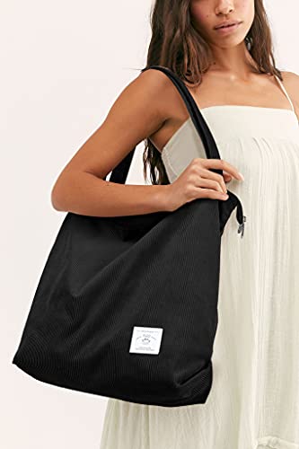 KALIDI Women Corduroy Tote Bag Zipper Casual Tote's Handbag Big Capacity Shoulder Bag with Pockets - color: 1 Black 1 White