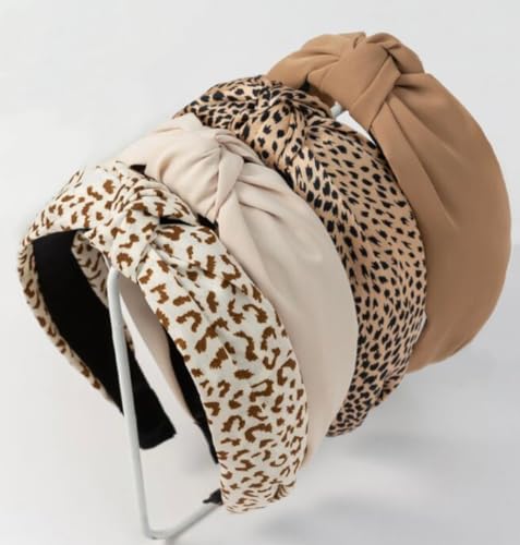 Knotted Fashion Hairbands and Hair Hoops: Non-Slip Top Knot Headbands with Leopard Print for Women and Girls - 4PCS Beige Brown Hair Accessories Set - color: Beige Brown Leopard Head Band