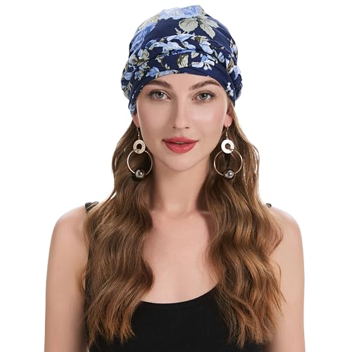 ZLYC Chemo Headwear for Women Pre Tied Turban Headwear Lightweight Beanie Hat - color: Braid Floral Navy