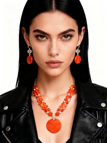 Layered Beads Statement Fashion Necklace Chunky Jewelry Set Big Colorful Glass Stone Circle Shell Pendant Choker Necklace and Earring Set for Women - color: Orange