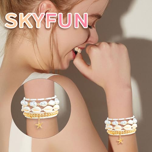 Beach Bracelets for Women Bohemian Stackable Heishi Surfer Bracelet Set Elastic Seashell Starfish Boho Friendship Bracelets for Summer Beach Party Holiday Vacation Jewelry - color: 7PCS-Gold Starfish/Big Pearl