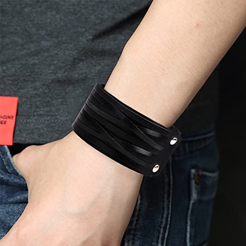 NIGHTCRUZ Punk Leather Cuff Bracelet, 2PCS Vintage Leather Wristband for Men Women - color: Black