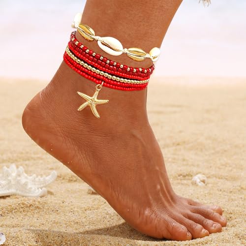 Shell Anklets Bracelet for Women Waterproof Surfer Starfish Bracelet Puka Shell Anklet Colorful Boho Stack Stretch Bead Bracelet Set Hawaii Summer Beach Vacation Foot Jewelry - color: Red