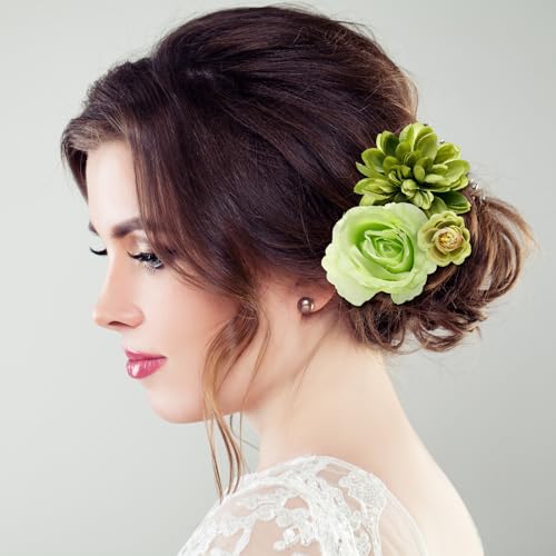 BBTO 21 Pcs Flower Hair Clip Rose Hair Clips Barrettes for Women Flower Accessories Boho Bride Claw Clip Hairpin Brooch Pin Headpiece for Wedding (Green Series) - color: Green Series