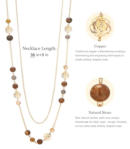 FULU AUTUMN Boho Gold Long Necklaces for Women Natural Stone Beaded Layered Long Necklace Mothers Day Gifts Dainty Flower Costume Jewelry for Women - color: Brown