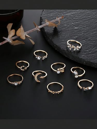 Gold Stackable Rings Set Moon Star Design Adjustable Rings for Everyday Wear Mid FingerPinky Ring Trendy Jewelry Gifts - color: J