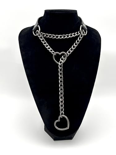 Black Leather Choker Collar For Women, Handmade Heart Slip Chain Choker Long Necklace with Adjustable Buckle - color: B-Black-Black-Black, size: 18''chain