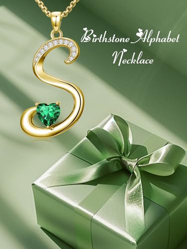 Birthday Gifts for Women 18k Gold Initial Necklaces for Women Simple Alphabets Letters with Birthstone Pendants Name Jewelry Anniversary Wedding Gifts for Sister Daughter Her (with Gift Box) - color: 05-May-Emerald, style: Letter S