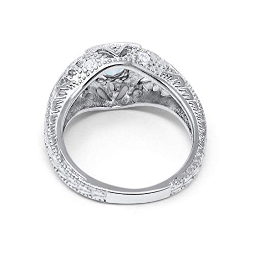 Blue Apple Co. Art Deco Ring Round Cubic Zirconia Leaf Filigree Design Split Shank Twisted Band Bridal Statement Wedding Engagement Rings For Women 925 Sterling Silver Gifts For Her - color: Lab White Opal