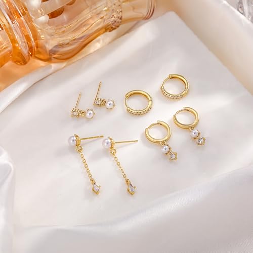 Pearl Earrings for Women, Gold Plated Huggie Hoop Drop Earrings | Hypoallergenic pearl hoop earrings designed for multiple piercings, cartilage styling and everyday wear - style: 4 pearl drop chain earring set-gd
