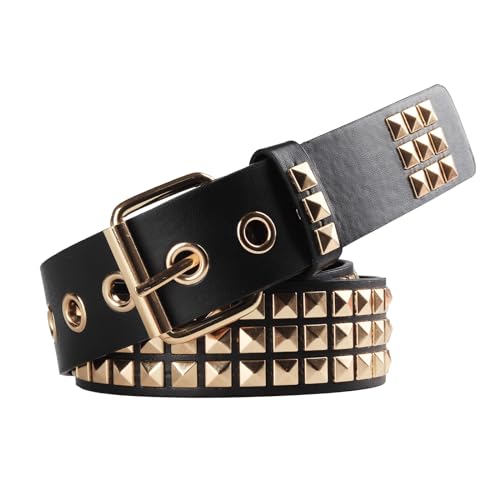 Studded Belt, Metal Punk Rock Rivet belt with Bright Pyramid Studded for Women Men - color: Gold, size: Fit Pant 35-40 Inch