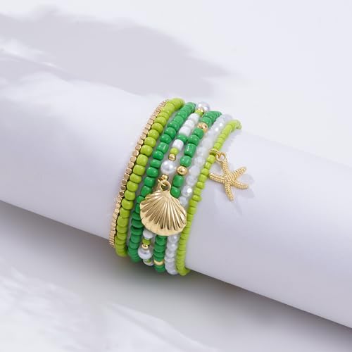 Shell Bracelet Seashell Boho Beaded Stretch Bracelets for Women Summer Beach Bracelets Starfish Charm Bracelet Stackable Gold Plated Bracelets Set for Women - color: e-green