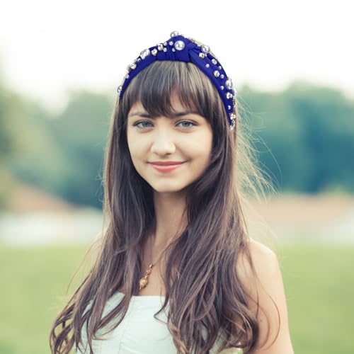 WantGor Pearl Knotted Headband, Women Rhinestone Embellished Hairband Elegant Wide Top Knot Bride Headbands Headpieces Party Fashion Elegant Ladies Hair Band Hair Hoop Accessories (Blue) - color: Blue