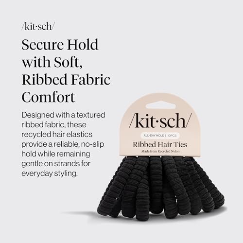 Kitsch Ribbed Hair Ties No Damage - Strong, Stretchy & Snag-Free Hair Bands | Soft Fabric Ponytail Holders, Stylish Elastics for Everyday Hairstyles | Ideal Gifts for Women - Black, 10pcs - color: Black Ribbed (Pack of 10)