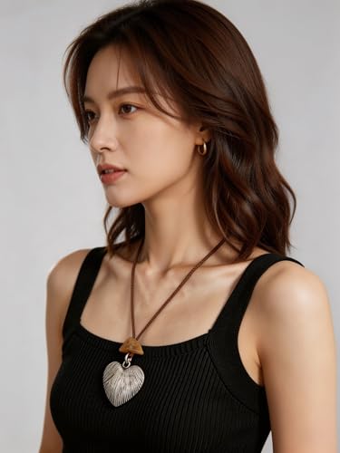 Kelake Leather Necklace for Women Men Teen Vinatge Boho Alloy Pendant Choker Jewelry Fashion Sweater Necklaces with Adjustable Genuine Leather Chain - color: Brown Jade Silver Heart Pendant Necklace
