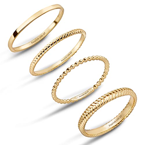 14K Gold Filled Rings for Women, Dainty Stacking Rings for Women, Thin Gold Band Ring Plain Statement Ring Comfort Fit Size 6-10 - color: 14K Filled Gold -4pcs
