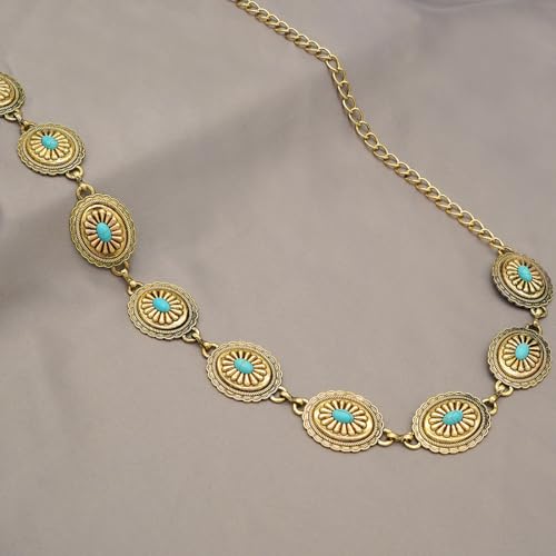 Women's Concho Chain Belt Western Cowgirl Metal Waist Chain Belt for Dress - color: B Gold, size: S: 41.3 in