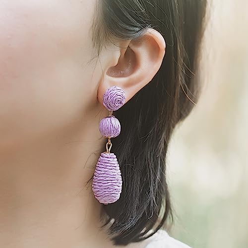 Boho Raffia Earrings Statement Dangle Earrings Cute Teardrop Ball Earrings Colorful Summer Jewelry Handmade Rattan Earrings for Women - color: Purple