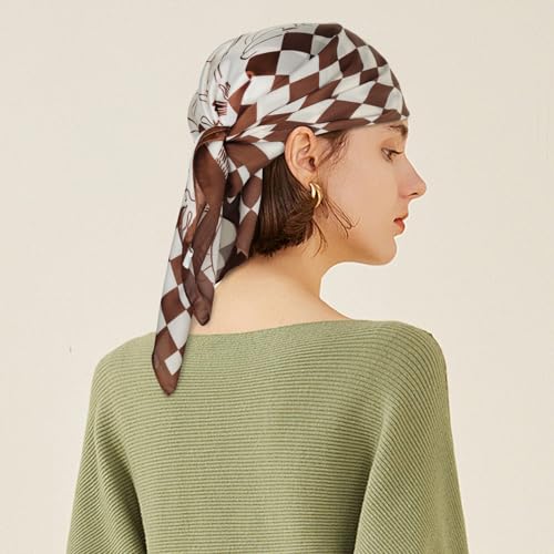 Relang Fashion Silk Satin Head Scarf for Women Hair Bandana Hair Scarf Wrap Neck Scarf for Women 27.5×27.5 inches - color: Beach Chessboard Brown
