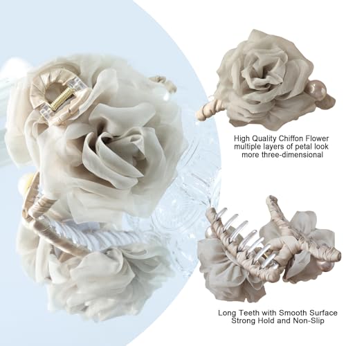 Large Chiffon Rose Flower Hair Claw Clips Boho Mesh Floral Hair Pins Barrettes Strong Hold Non-Slip Beach Vacation Hair Accessories for Women (Light Brown Large Chiffon Claw with Pearl) - color: Light Brown Large Chiffon Claw with Pearl