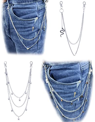 6 Pieces Pants Chains Multi-Layer Butterfly Lock Round Star Snak Heart Jeans Chains Accessory Hip Hop Pocket Punk Goth Wallet Chain Charm Rock Belt Loop Trousers Chain for Women Men Silver - style: B: 6Pcs(Snake)