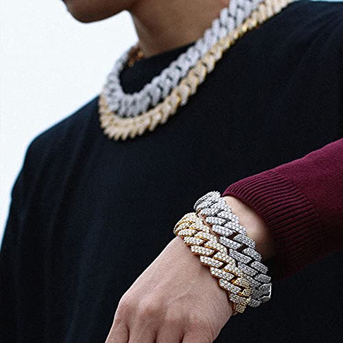 HIPBLING Miami Cuban Link Chain Bracelet Set for Men Rhinestone 2 Pcs Cuban Necklace Bracelet Silver Plated 20mm Iced Out Cuban Chain for Men Women Jewelry Set Gift - style: 18 inch