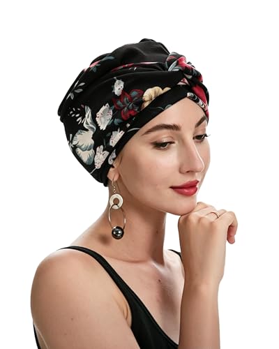 ZLYC Chemo Headwear for Women Pre Tied Turban Headwear Lightweight Beanie Hat - color: Flower Black