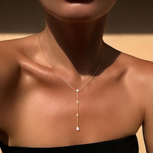 CHESKY Long Necklaces for Women, 14k Gold Plated/Streling Silver Lariat Necklace Dainty Statement Prom Necklace Rosary Cross Sun Drop Pendant Dangle Necklace Gold Prom Jewelry for Women Gifts - style: y necklace 10