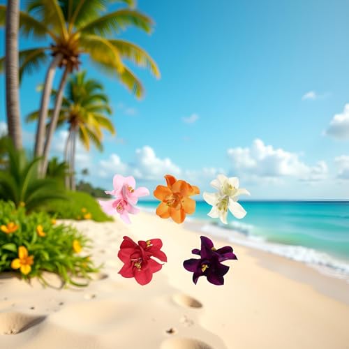 Bohemian Hawaiian Hibiscus Hair Clips and Barrettes in Colors - 5 Pcs Artificial Flower Hairpins for Seaside Holiday, Bridal Headwear