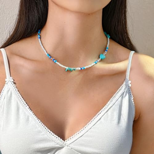Beaded Necklaces for Women Summer Beach Beaded Necklace Bead Choker Boho Necklaces for Women Handmade Summer Jewelry Stainless Steel 18K Gold Plated - color: Turquoise