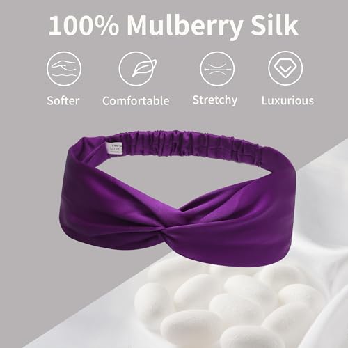 ZLYC Mulberry Silk Headband Elastic Twist Knotted Head Bands for Women's Hair, Solid Light Red Purple - color: Solid Light Red Purple
