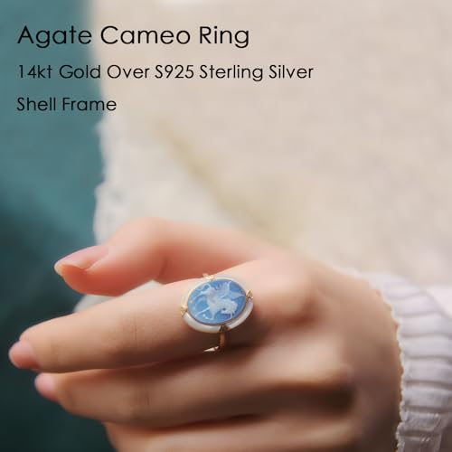 Victorian Cameo Ring in Shell Frame, Antique Agate Cameos Silhouette Rings Adjustable, Vintage Retro Art Deco Cameo Jewelry for Women - color: Blue,a