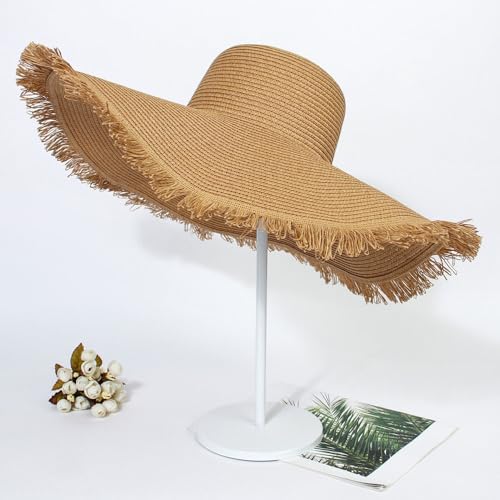 Wide Brim Fashion Boho Fringe Foldable Straw Hat Beach Hat UPF50+UV Protection Summer Hat Sun Hats for Women Travel - color: Khaki