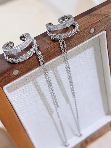 Silver Chain Earrings for Women Dainty Tassel Chain Hoop Earrings Layered Non Piercing Fake Earring Y2K Drop Dangle Cuff Earring Crystal Huggie Clip Hoops Gift for Her - style: Style2