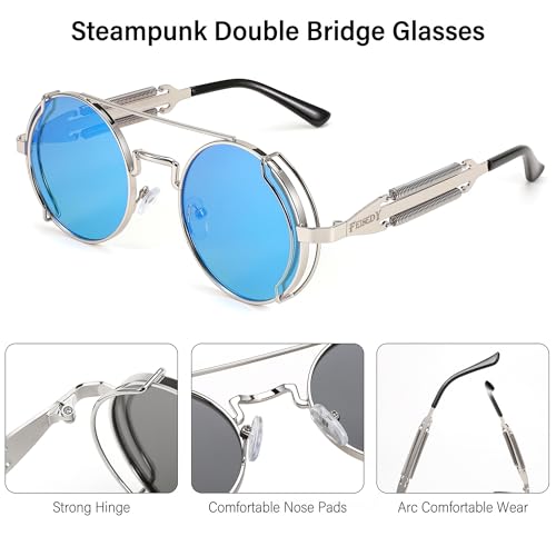 FEISEDY Aviator Sunglasses for Men Women, Retro Steampunk Gothic Round Metal Frame Hippie Glasses B2351 - color: Silver Frame Blue and Silver Lenses With Silver Legs